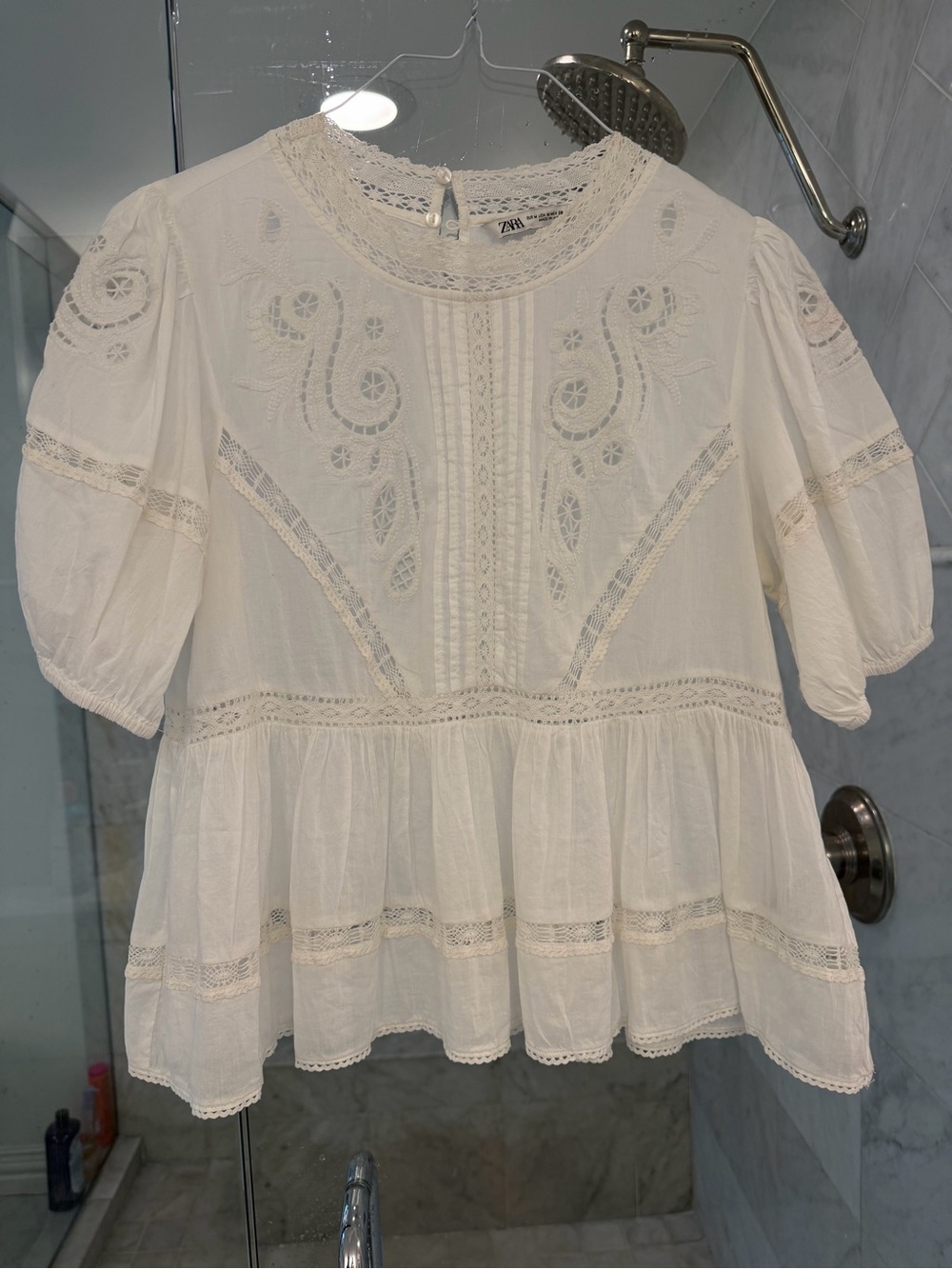 Zara Cream Embroidered Lace Peplum Blouse